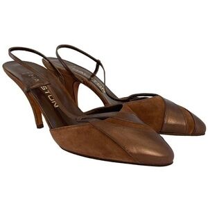 NWOT Halston 1970s Brown Suede Bronze Leather Slingback Heels - Vintage Shoes